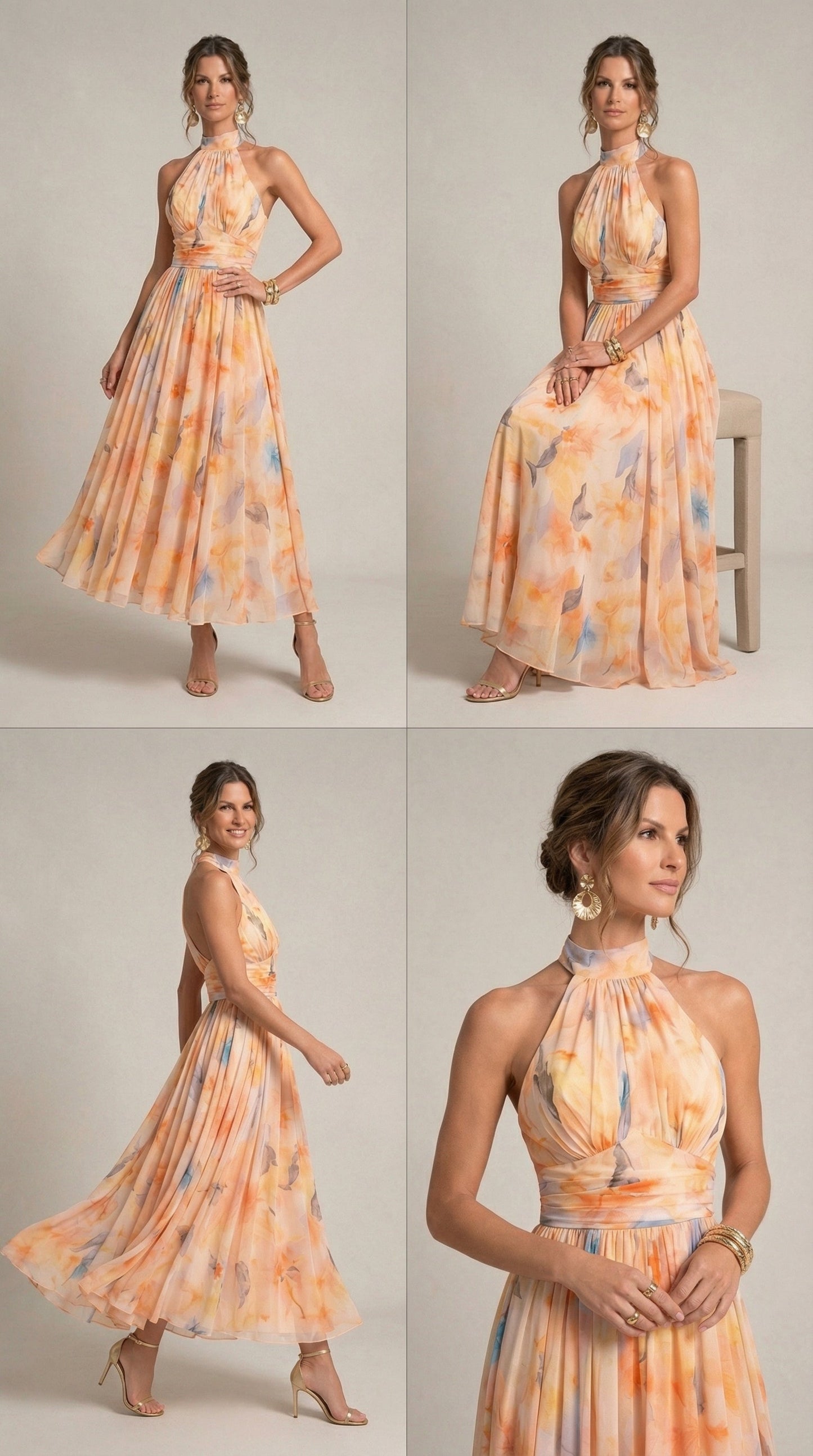 Robe col halter imprime aquarelle