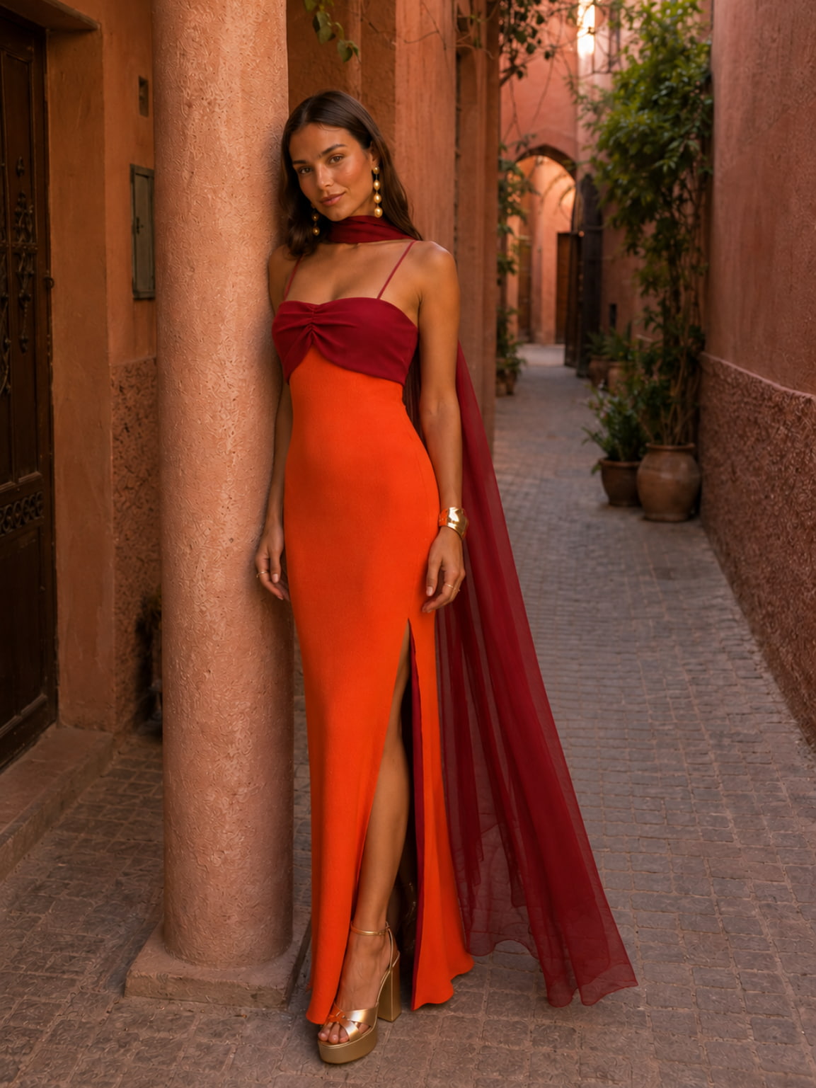 Robe longue drapee bicolore