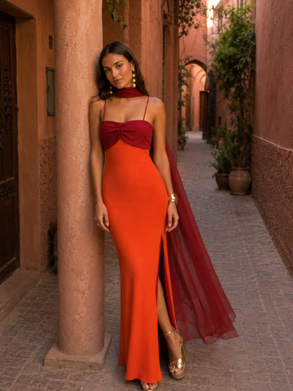 Robe longue drapee bicolore