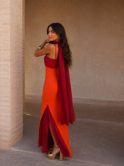Robe longue drapee bicolore