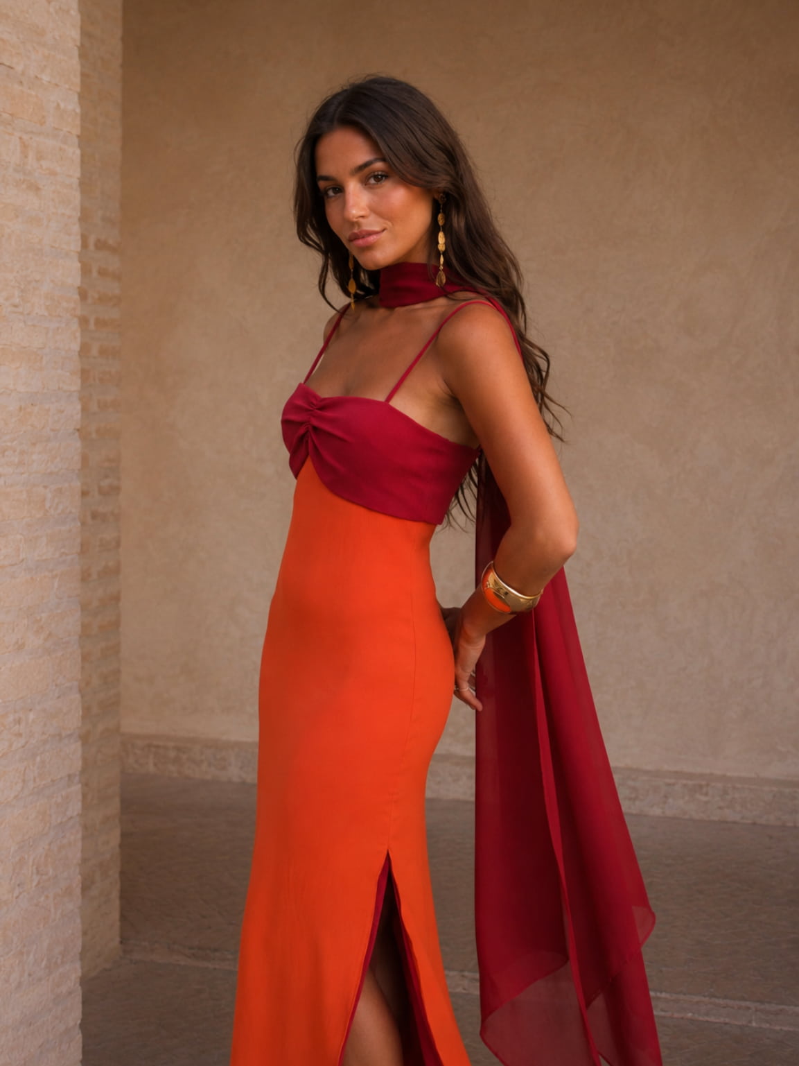 Robe longue drapee bicolore