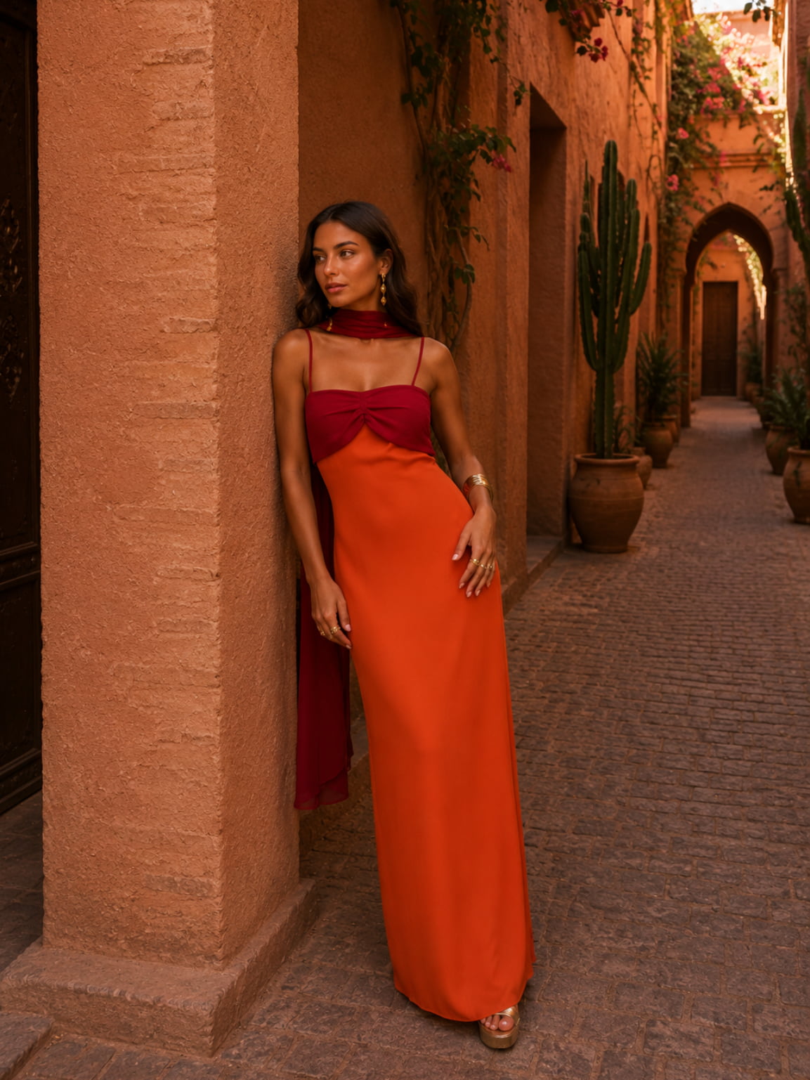 Robe longue drapee bicolore