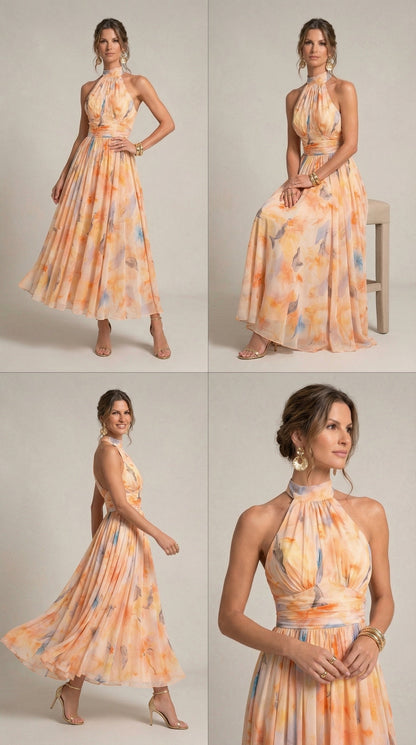 Robe col halter imprime aquarelle