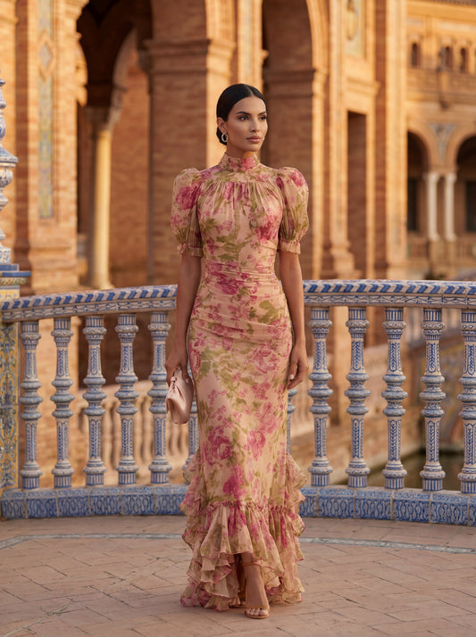 Séraphine | Robe longue fleurie col montant