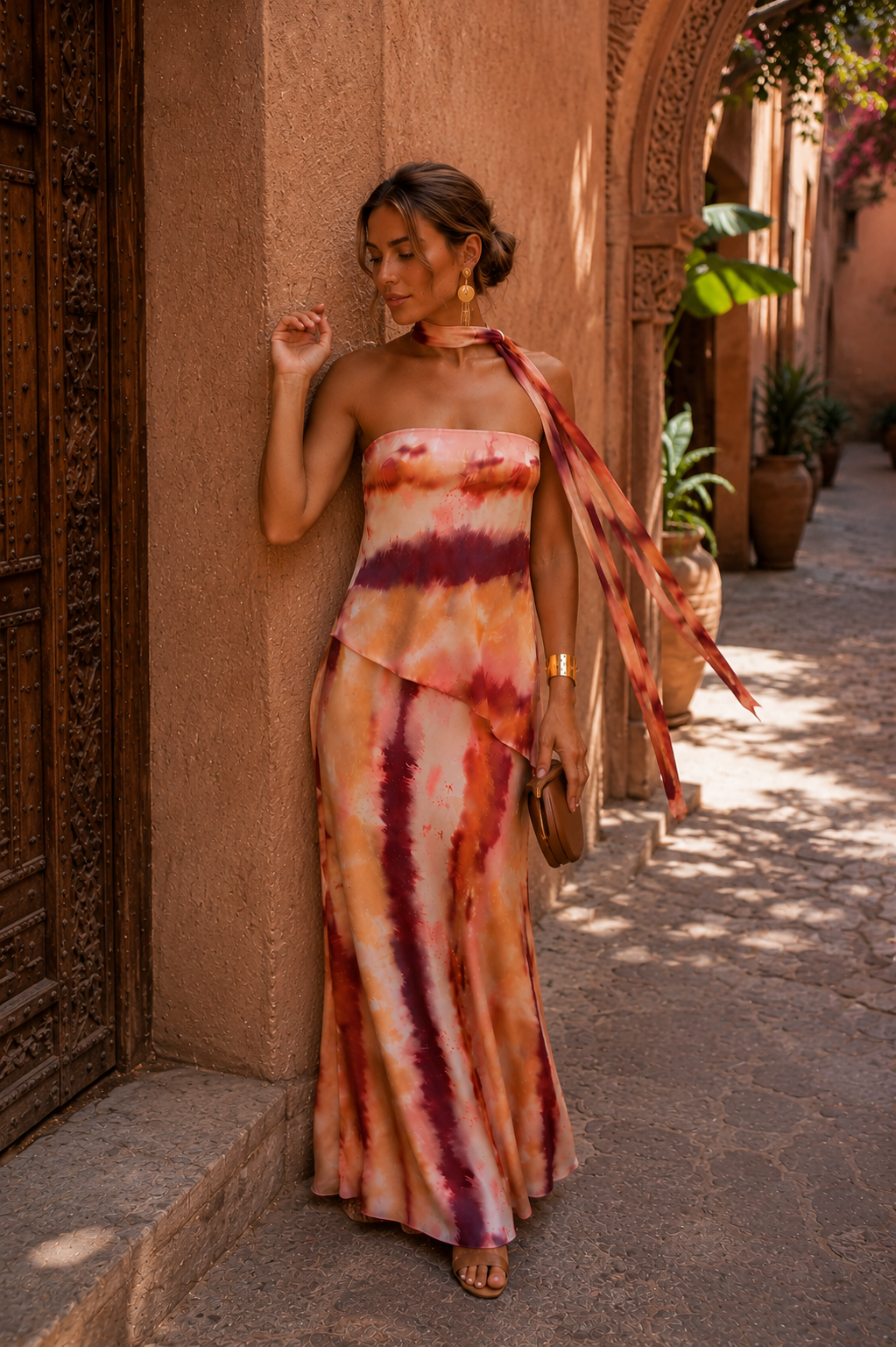 Robe longue imprimée à decollete bustier
