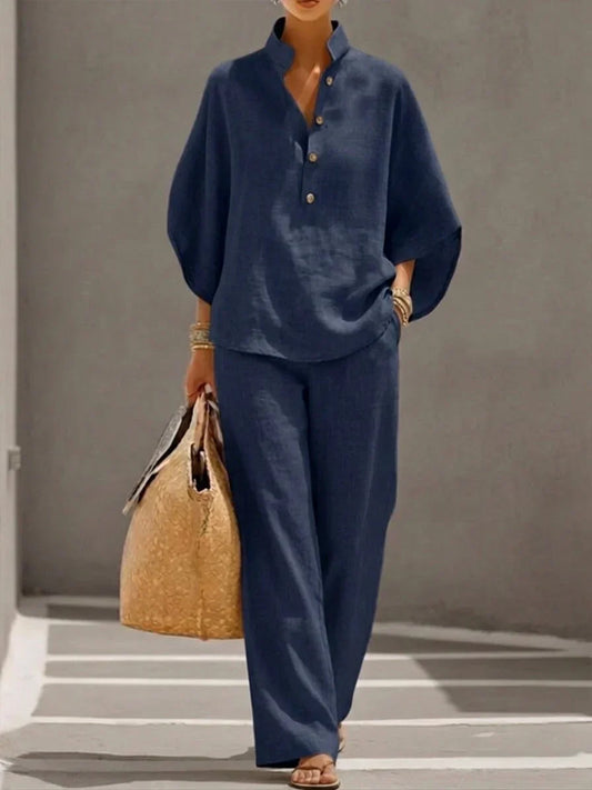 Miriam | Ensemble en lin avec manches chauve-souris et pantalon large