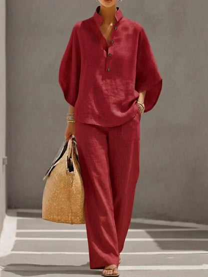 Miriam | Ensemble en lin avec manches chauve-souris et pantalon large