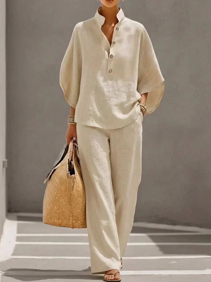 Miriam | Ensemble en lin avec manches chauve-souris et pantalon large